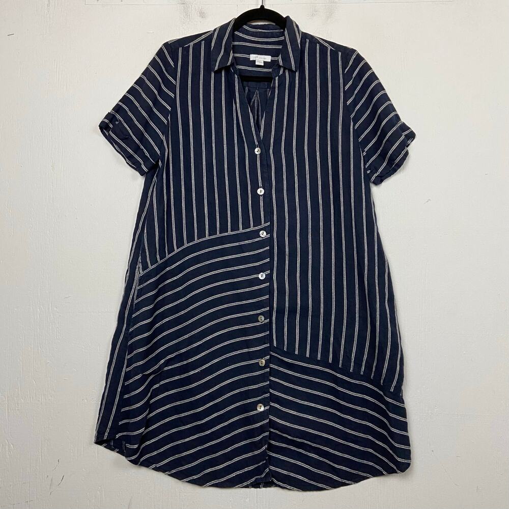 J. Jill Love Linen Navy Blue Striped Nautical Shift Midi Dress Pockets Small